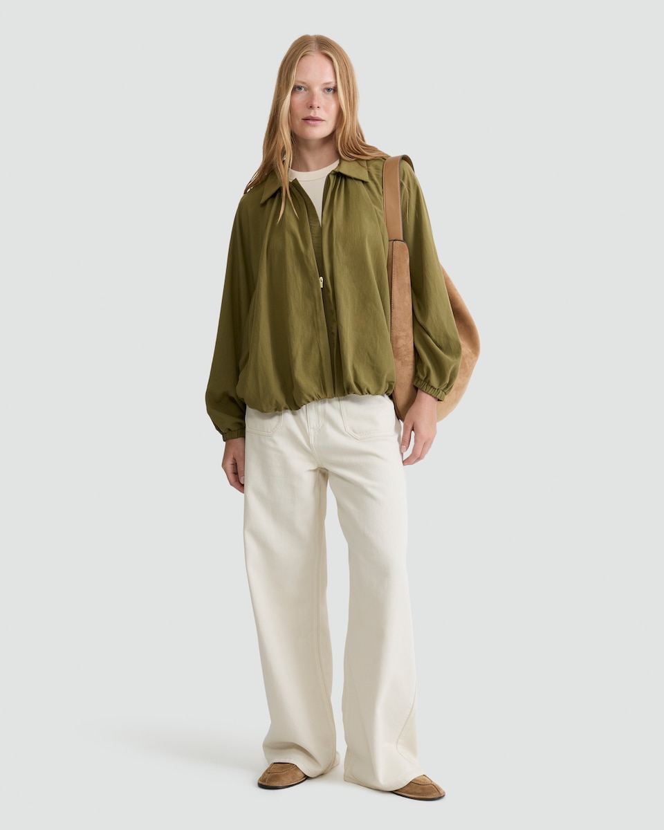 image 1 of F&F Bubble Hem Zip Up Blouse in Khaki