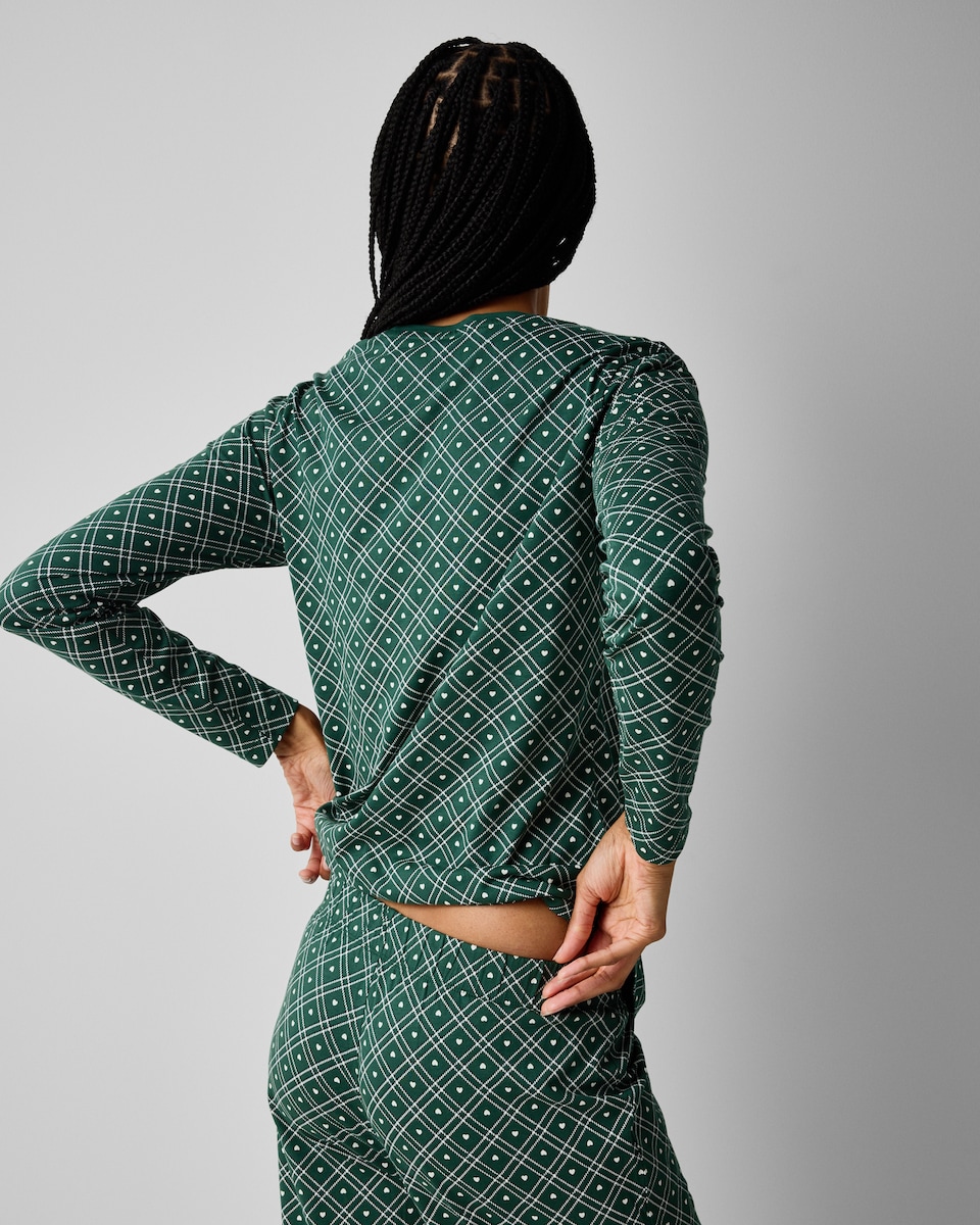 image 1 of F&F Pure Cotton Heart Checked Pyjama Set in Green