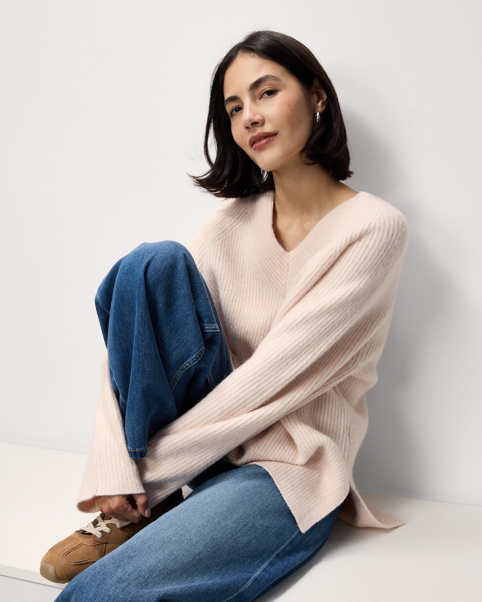 image 1 of F&F Ribbed V Neck Jumper in Pink