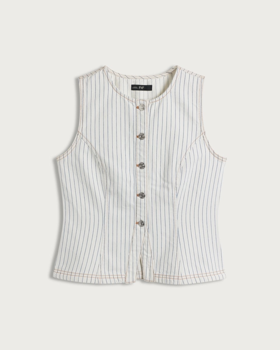 image 1 of F&F Pure Cotton Striped Co-ord Denim Waistcoat in White
