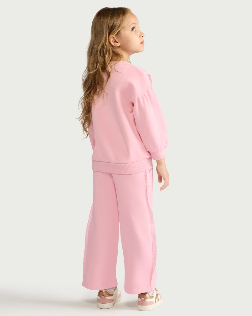 image 1 of F&F Girls 2-Piece Cotton Rich Lace Trim Sweatshirt and Joggers Set in Pink