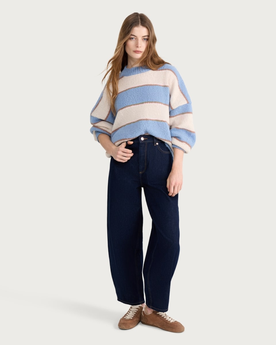 image 1 of The F&F Edit Knitted Fluffy Stripe Print Jumper in Multi Blue