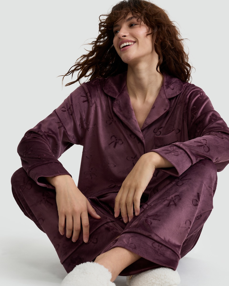 image 1 of F&F Fleece Textured Bow Print Shirt and Trousers Revere Pyjama Set in Purple