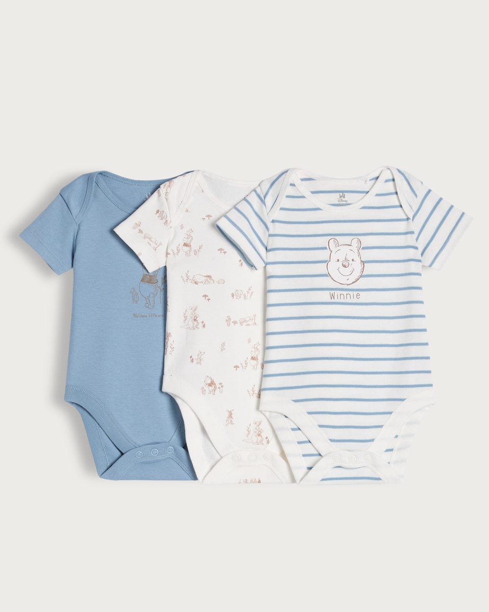 image 1 of Disney Winnie the Pooh 3-Pack Pure Cotton Bodysuits in Blue