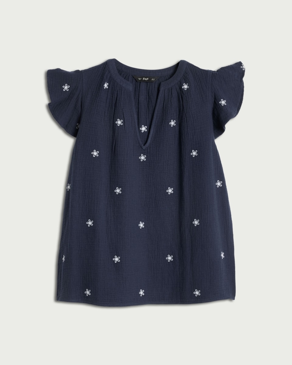 image 1 of F&F Pure Cotton Double Cloth Textured Embroidered Flutter Sleeved Top in Navy