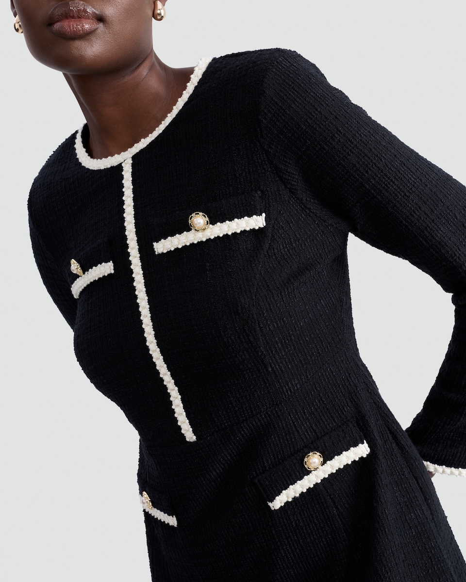 image 1 of F&F Boucle Textured Contrast Trim Long Sleeved Dress in Black
