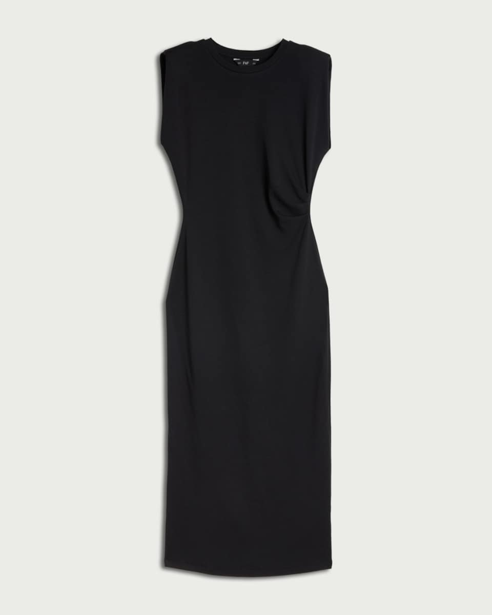 image 1 of F&F Sleeveless Ruched Side Midi Dress in Black