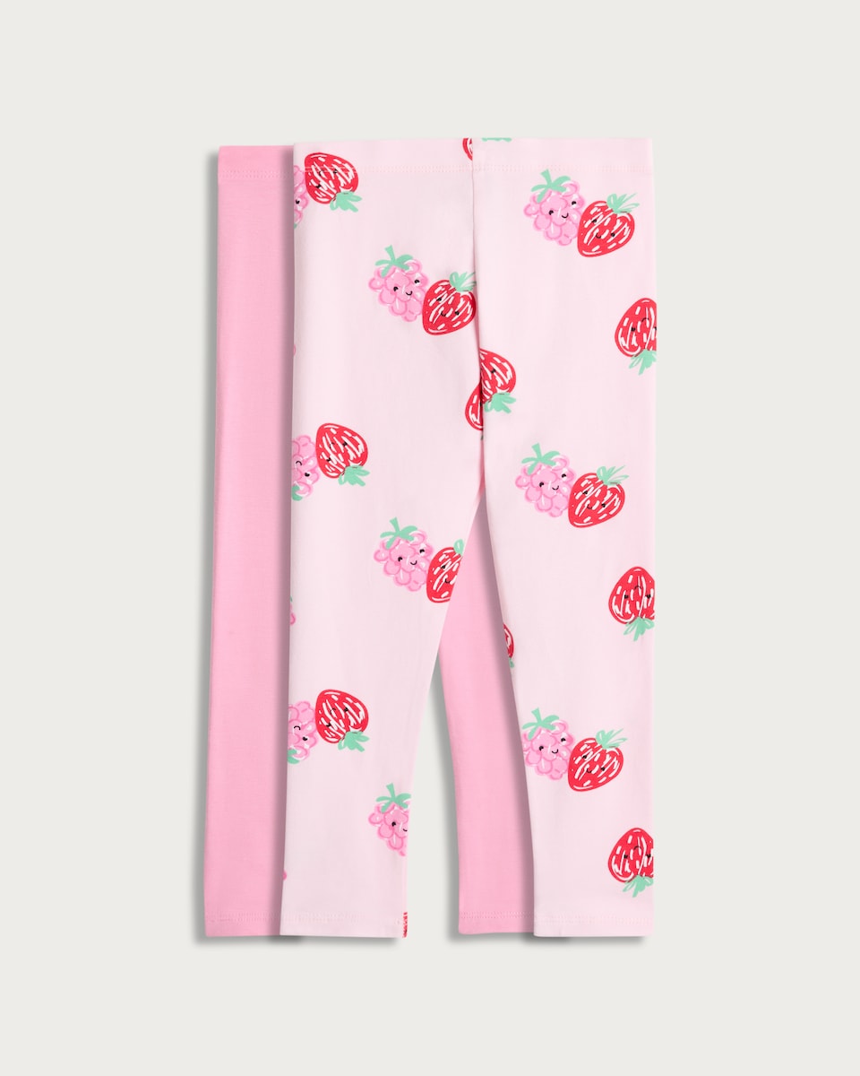 image 1 of F&F Girls 2-Pack Cotton Rich Fruit Print Leggings in Multi Pink