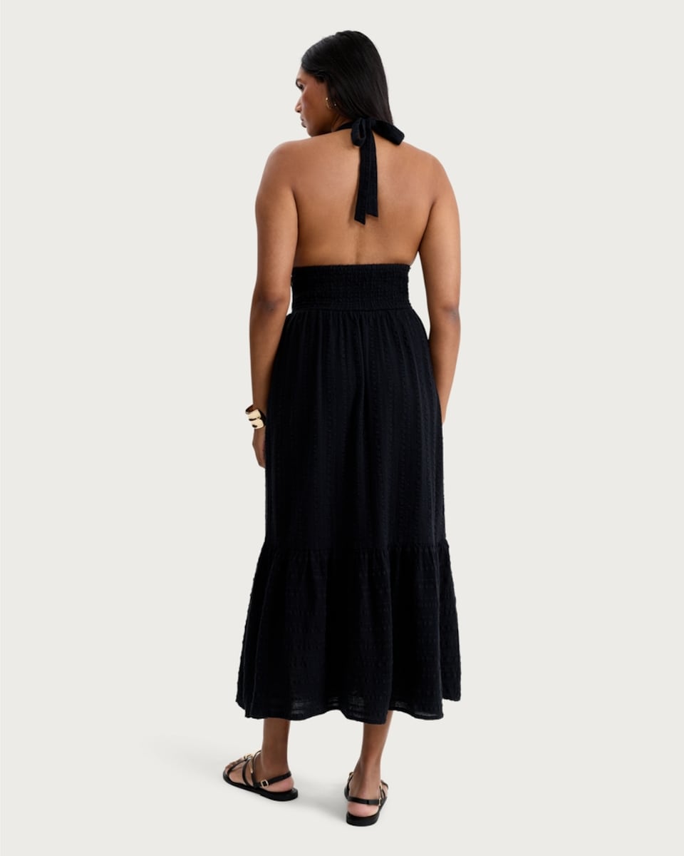 image 1 of F&F Pure Cotton Halter Neck Midi Beach Dress in Black