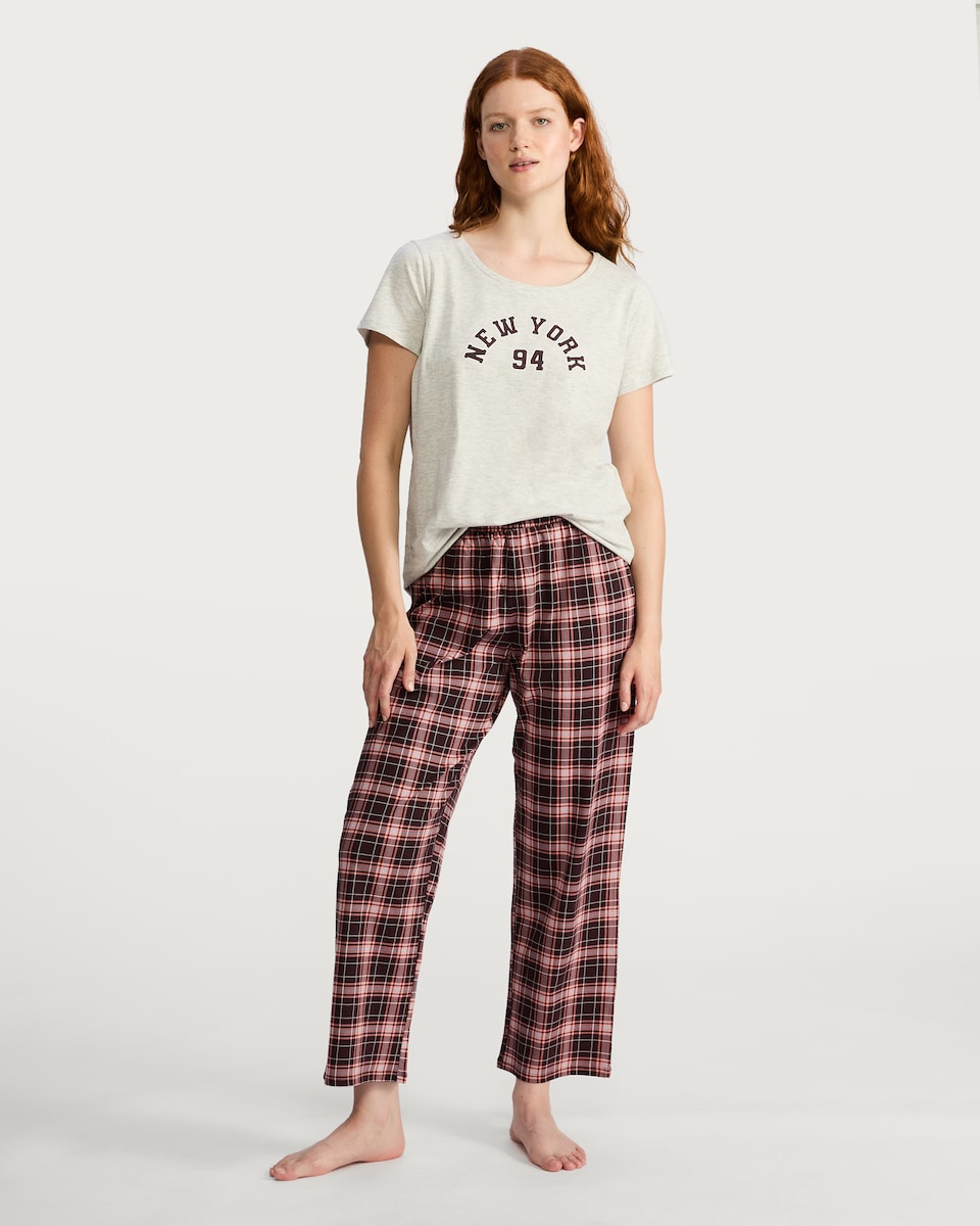 image 1 of F&F Cotton Rich Slogan T-Shirt and Check Print Trousers Pyjamas in Grey