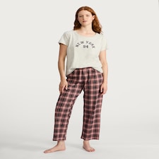 F&F Cotton Rich Slogan T-Shirt and Check Print Trousers Pyjamas in Grey