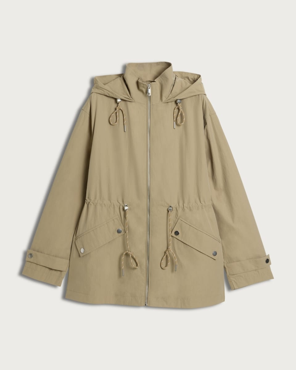 image 1 of F&F Cinched Waist Hooded Raincoat in Khaki