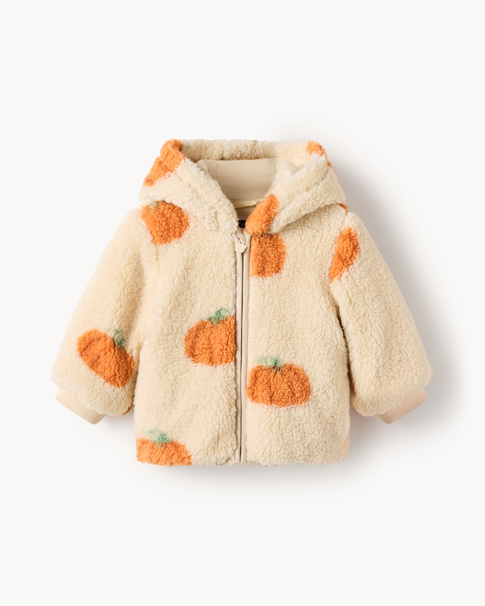 image 1 of F&F Baby Fleece Halloween Pumpkin Jacket in Cream
