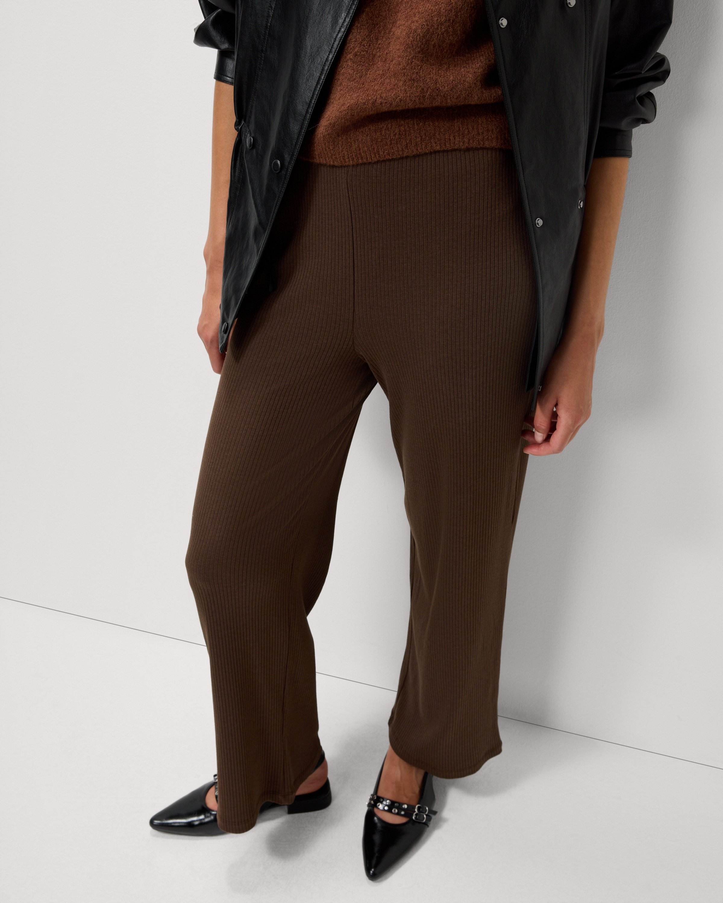 F&F Cotton Blend Ribbed Wide Leg Trousers in Brown
