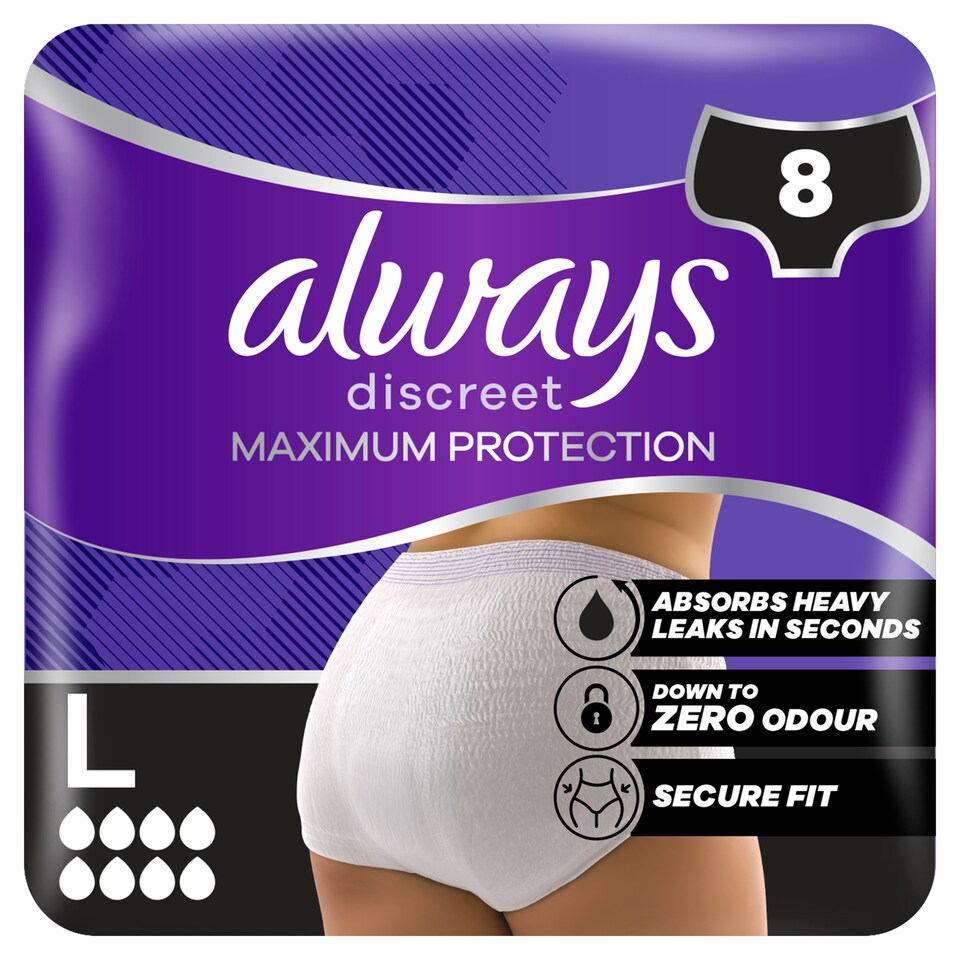 image 1 of Always Discreet Maximum Protection Incontinence Pants L UK16-24 8 Pack