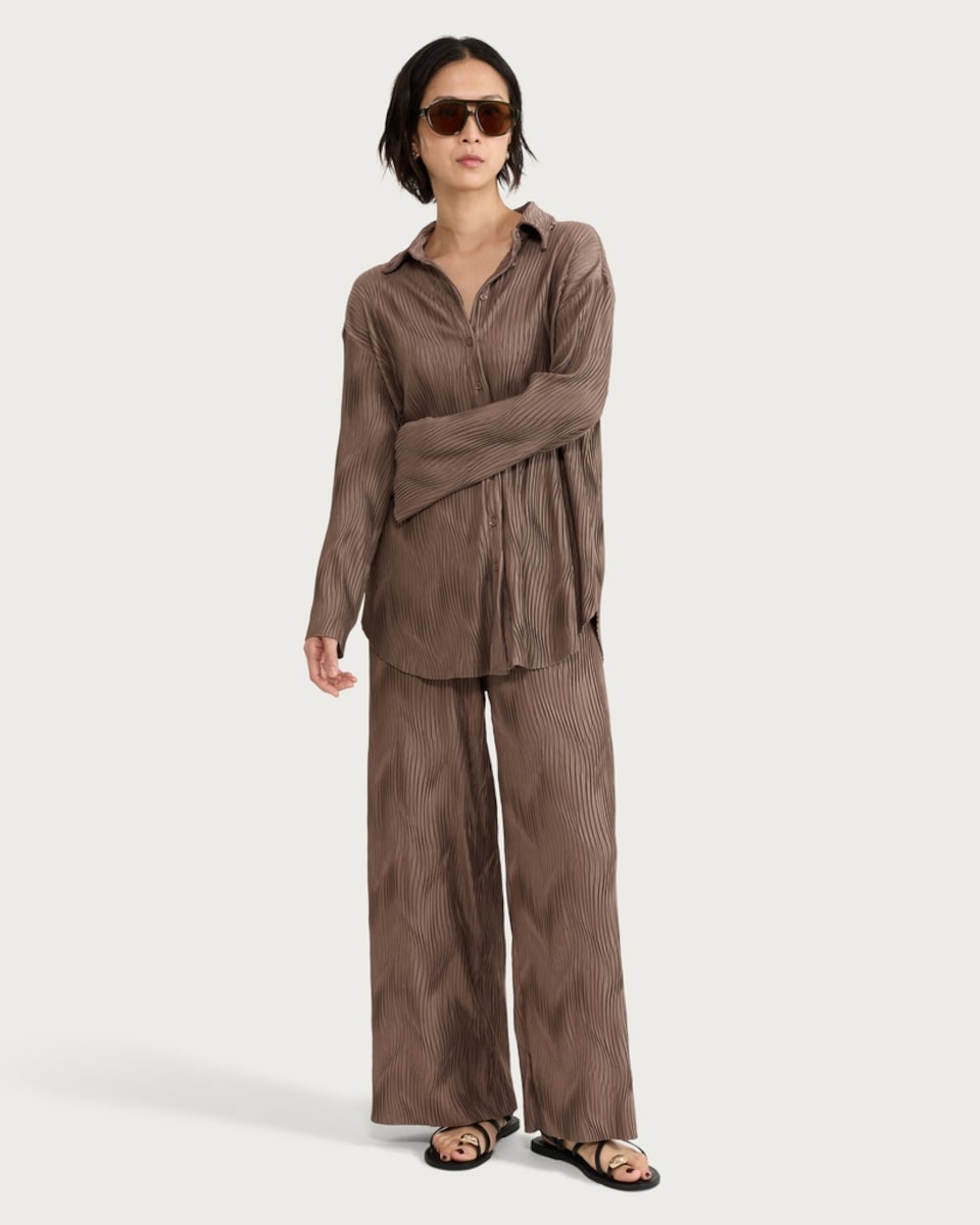 image 1 of F&F Plisse Wave Textured Wide Leg Co-ord Trousers in Brown