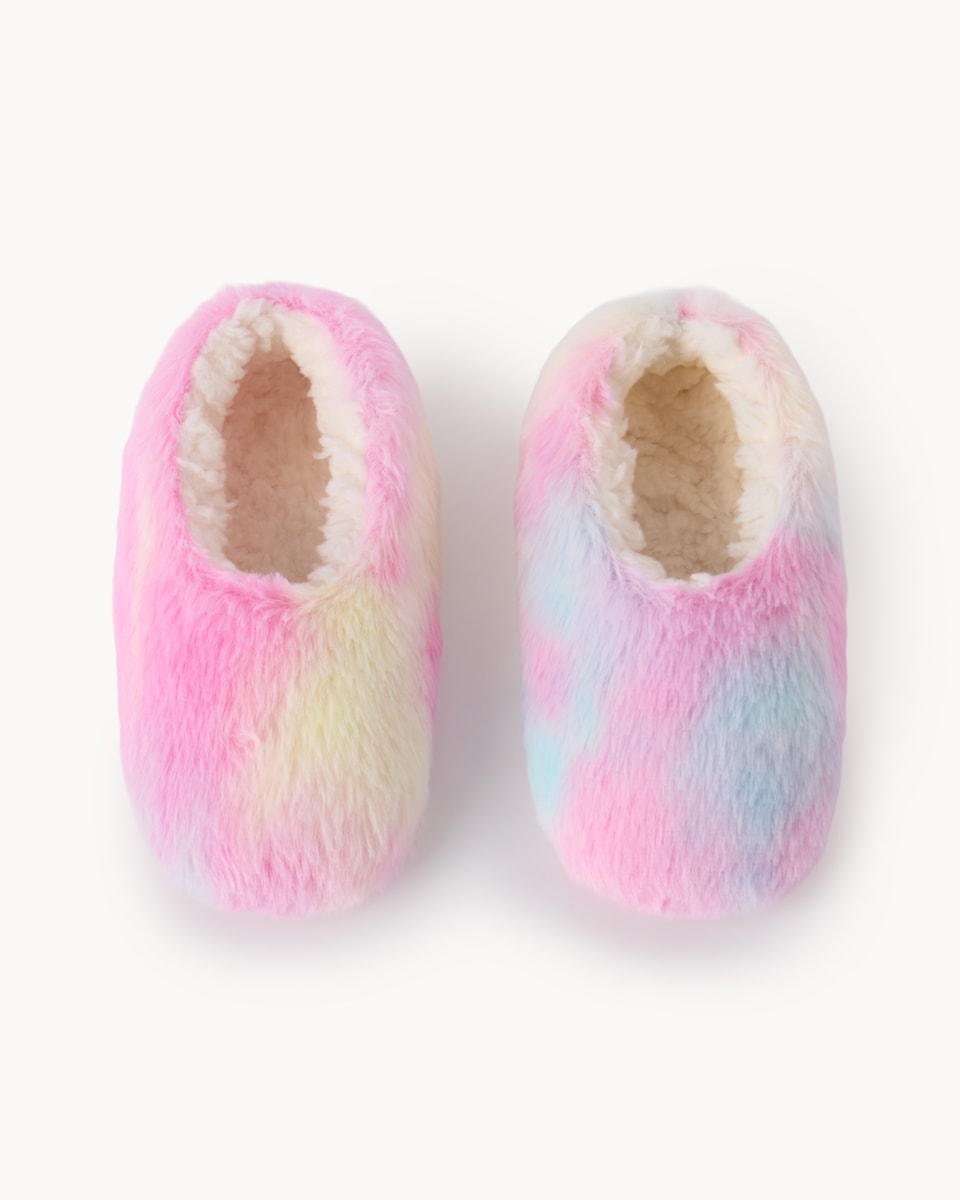 image 1 of F&F Girls Faux Fur Rainbow Slippers in Multi