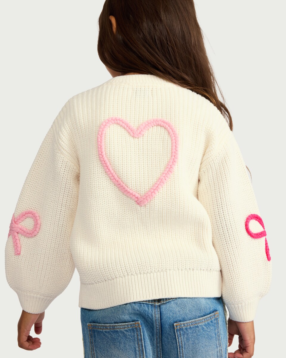 image 1 of F&F Girls Ribbed Bow Cardigan in Cream