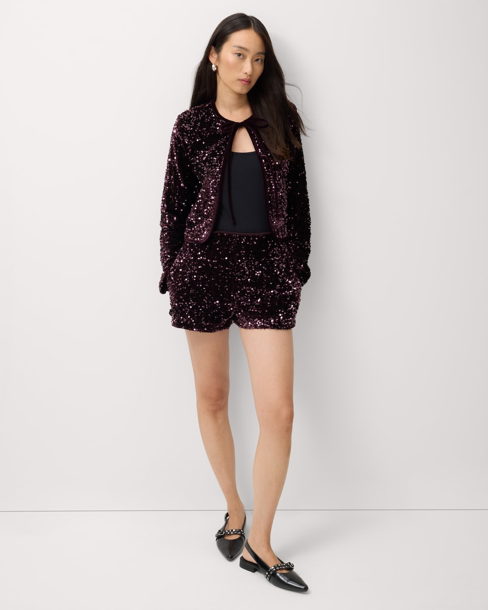 image 1 of F&F Velvet Sequin Shorts in Burgundy
