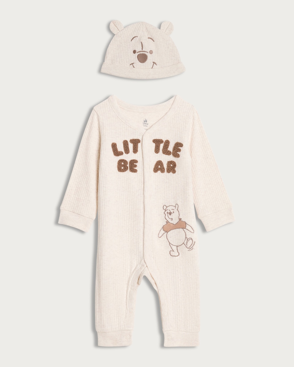 image 1 of Disney Winnie the Pooh 2-Piece Cotton Rich All-in-one and Hat Set in Stone