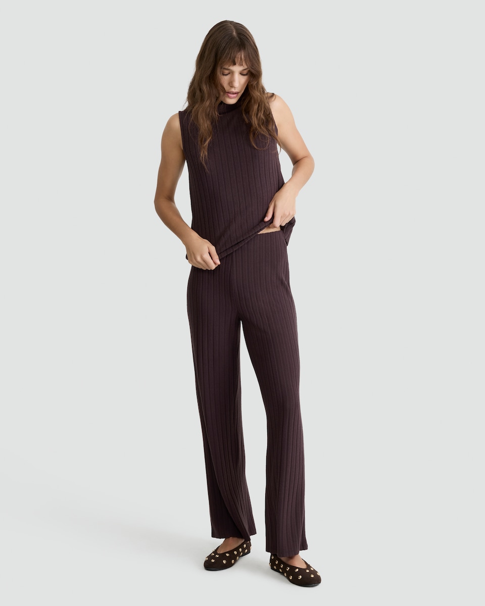 image 1 of F&F Ribbed Roll Neck Sleeveless Co-ord Top in Brown