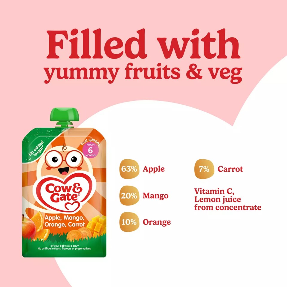 image 1 of Cow & Gate Fruit Pouch Apple Mango Orange & Carrot Baby Food 6+ Months 100g