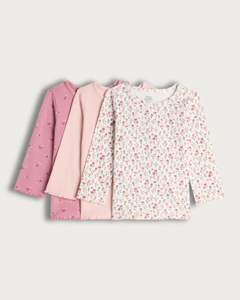 image 1 of F&F Baby 3-Pack Cotton Rich Floral Print Long Sleeved Tops in Pink