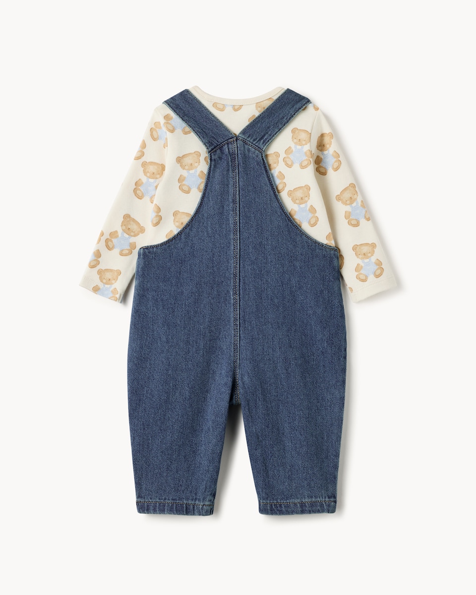 image 1 of F&F Baby 2-Piece Pure Cotton Bear Dungaree Set in Blue