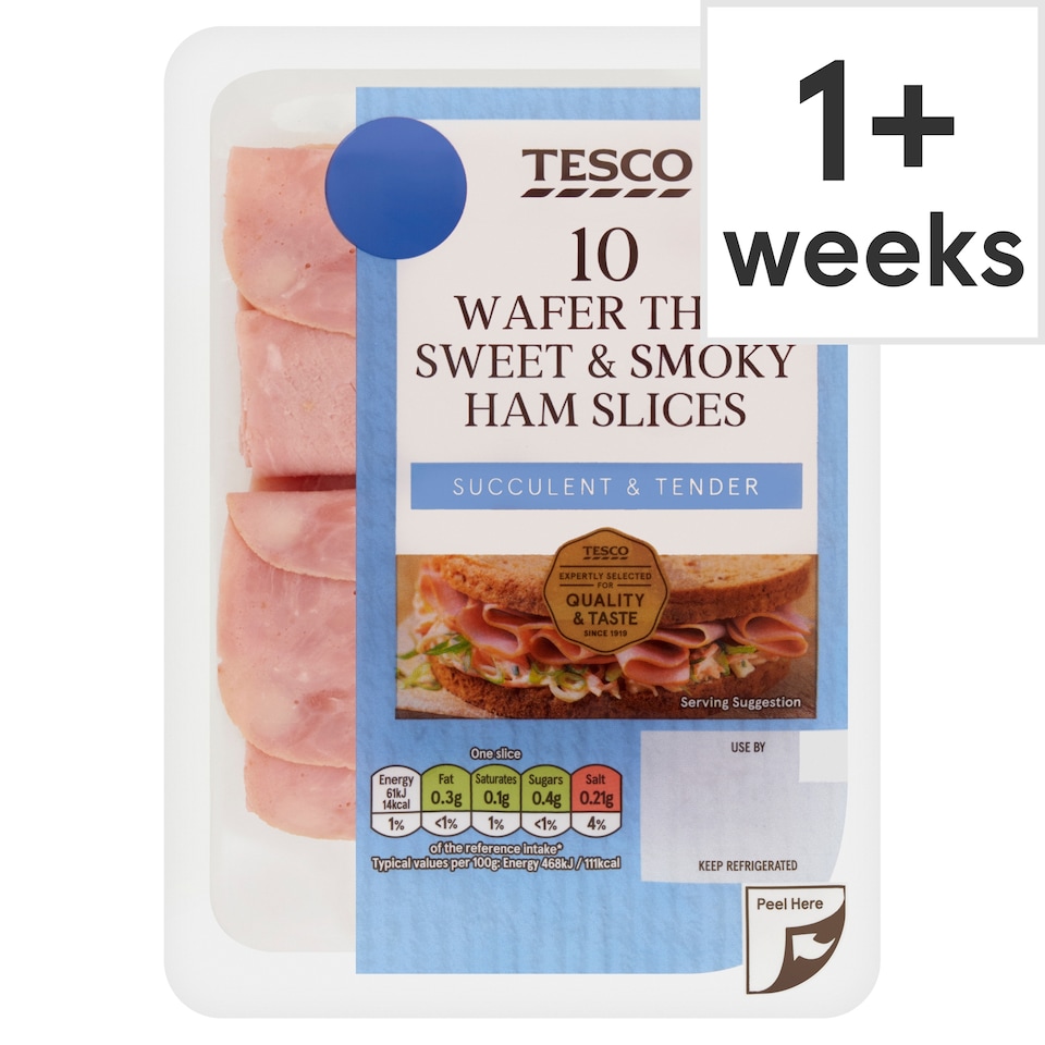 Tesco 10 Wafer Thin Sweet and Smoky Ham Slices 125g