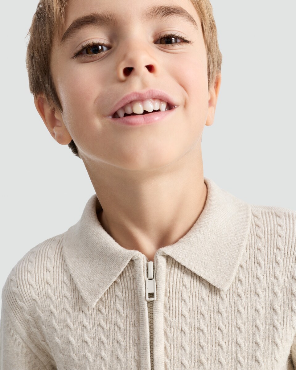 image 1 of F&F Boys Cable Knit Half Zip Polo in Cream