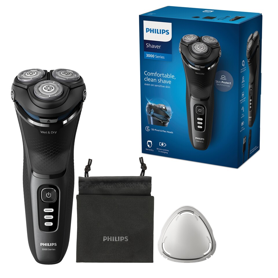 image 1 of Philips Series 3000 Wet & Dry Electric Shaver, 5D Flex head, Popup trimmer & Travel Pouch-S3244/12  