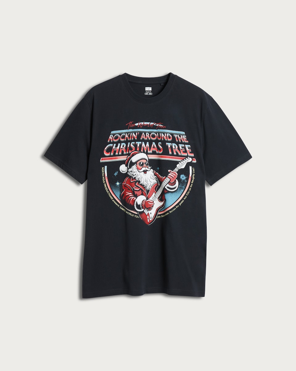 image 1 of F&F Pure Cotton Rockin' Around the Christmas Tree T-Shirt in Navy