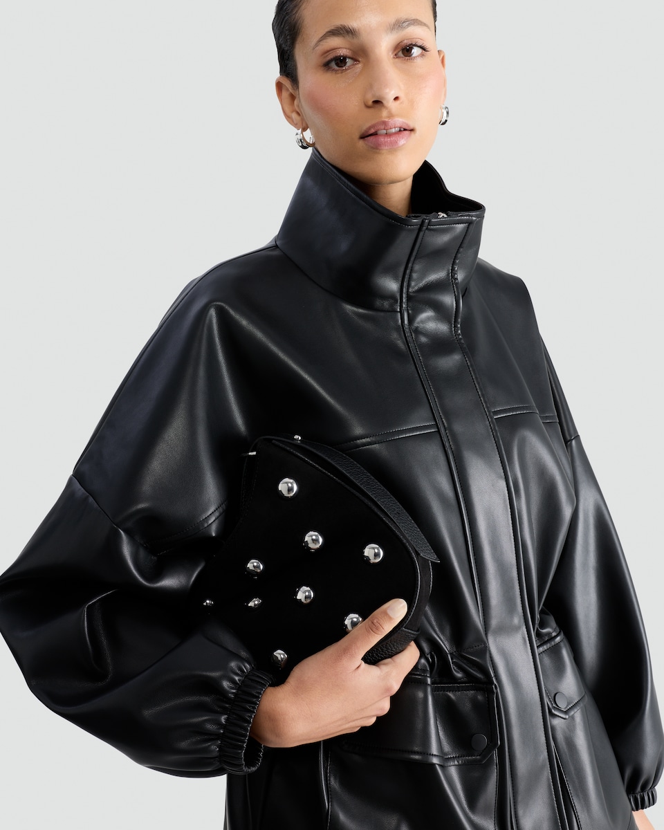 image 1 of F&F Faux Leather High Neck Cinched Waist Jacket in Black
