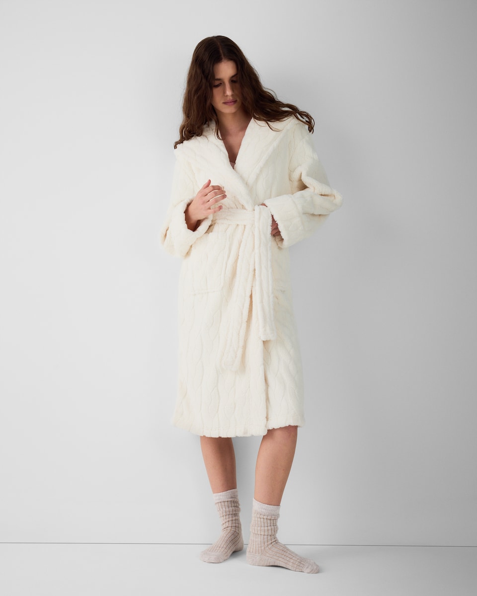 image 1 of F&F Fleece Cable Knit Hooded Dressing Gown in Cream