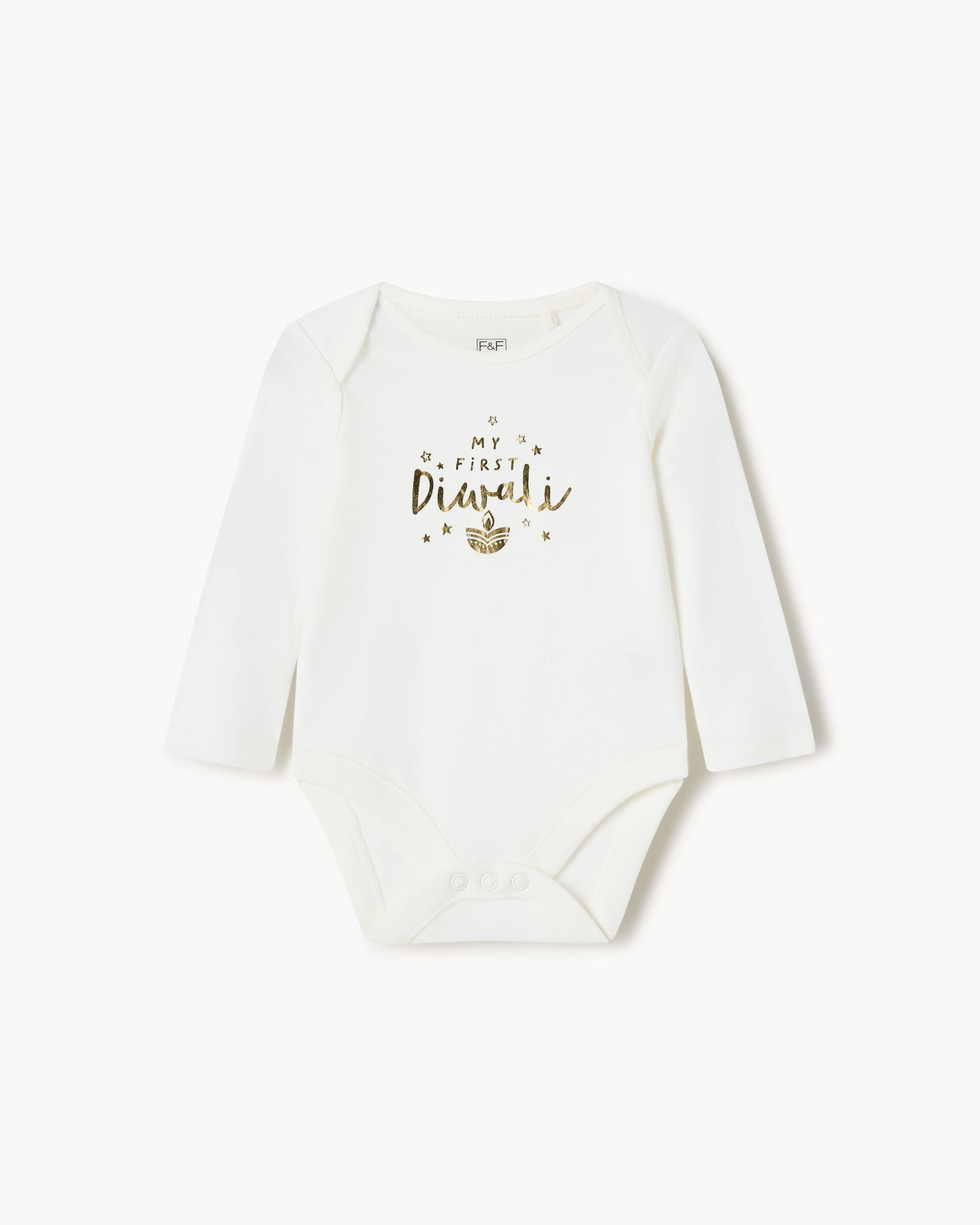 F&F Baby Pure Cotton Diwali Long-Sleeved Bodysuit in White
