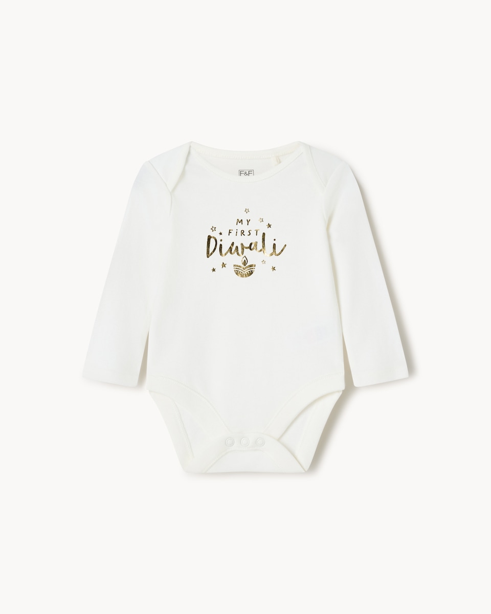 image 1 of F&F Baby Pure Cotton Diwali Long-Sleeved Bodysuit in White