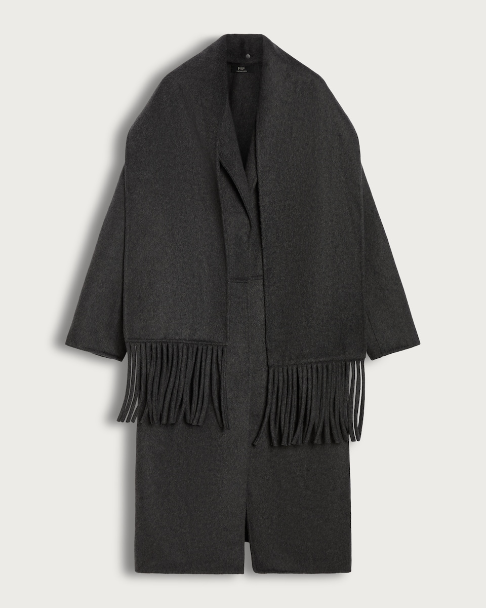 image 1 of F&F Wool Blend Fringed Scarf Formal Coat in Grey