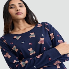 F&F Pure Cotton Teddy Bear Print Top and Joggers Pyjamas in Navy