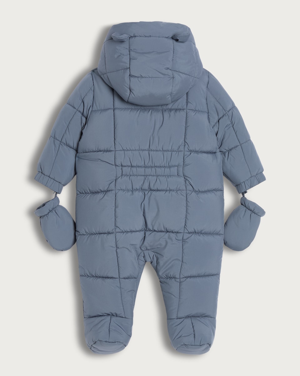 image 1 of F&F Baby Quilted Hooded Shower Resistant Pramsuit with Mittens in Blue