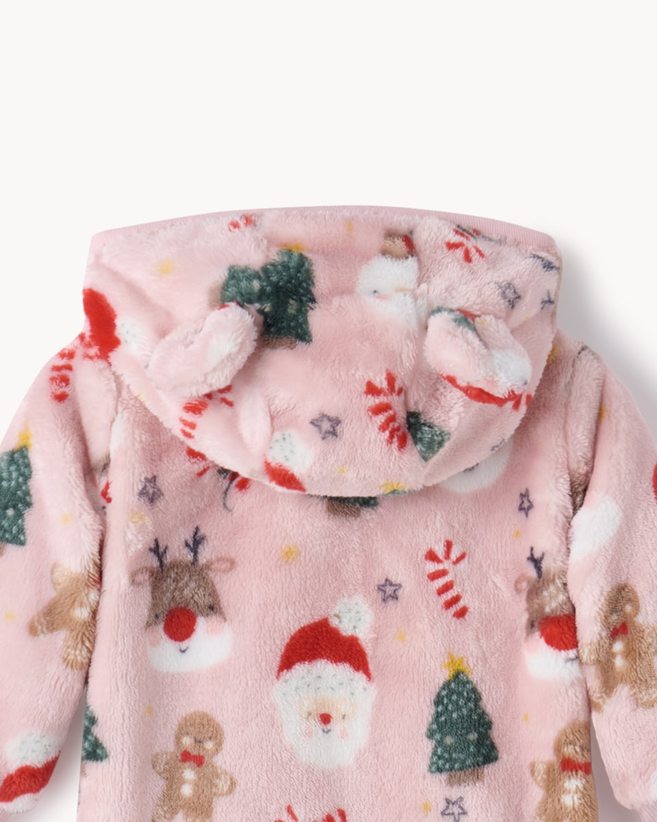image 1 of Christmas Baby Fleece Printed Pramsuit in Pink