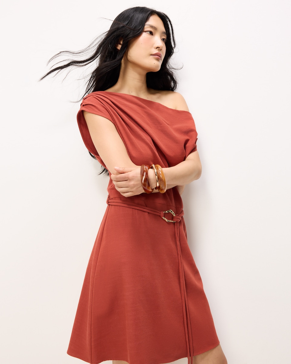 image 1 of F&F Ruched Belted Buckle Mini Dress in Brick