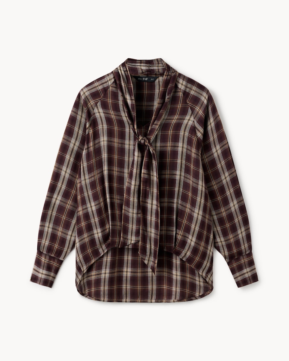 image 1 of F&F Checked Tie Neck Blouse in Multi Red