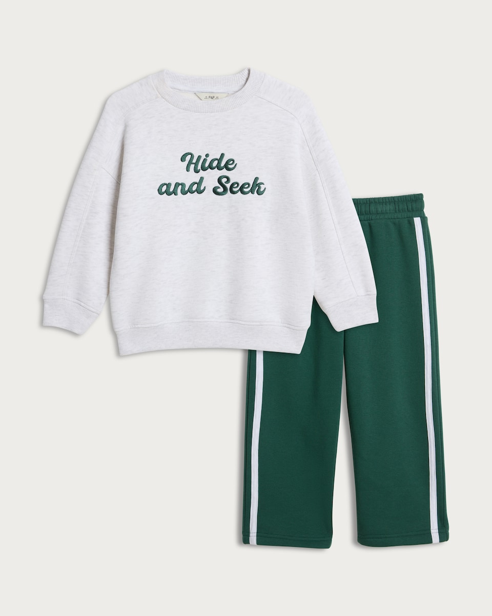 image 1 of F&F Boys 2-Piece Cotton Rich Slogan Sweatshirt and Joggers Set in Green