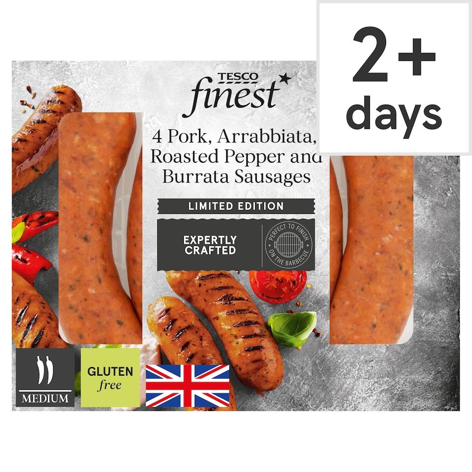 Tesco Finest BBQ 4 Pork, Arrabiata, Roasted Peppers & Burrata Sausage 440g 		