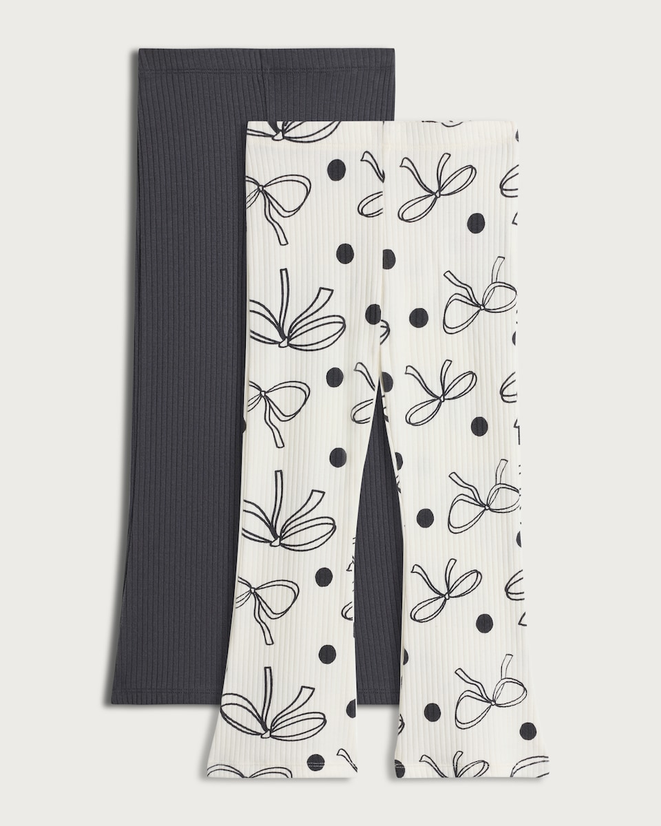 image 1 of F&F Girls 2-Pack Cotton Rich Ribbed Flared Leggings in Multi Black White
