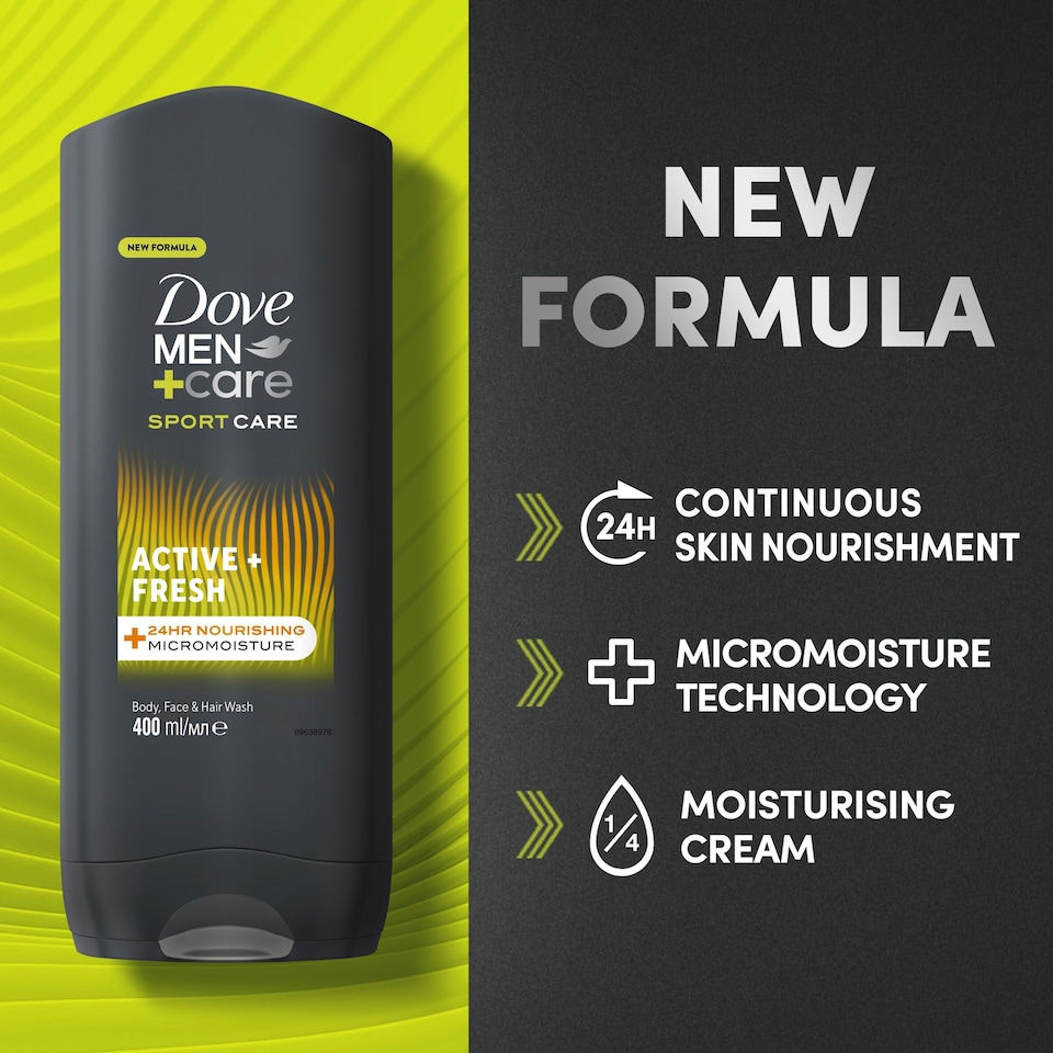 image 1 of Dove Men+Care Sport Active Fresh 3-in-1 Body Wash Shower Gel 400ml