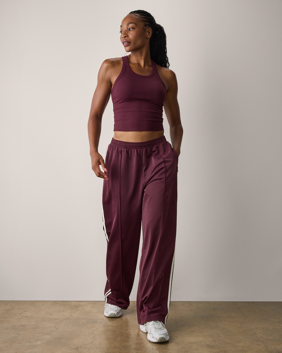 image 1 of F&F Active AFTERCLASS Side Stripe Wide Leg Joggers in Burgundy