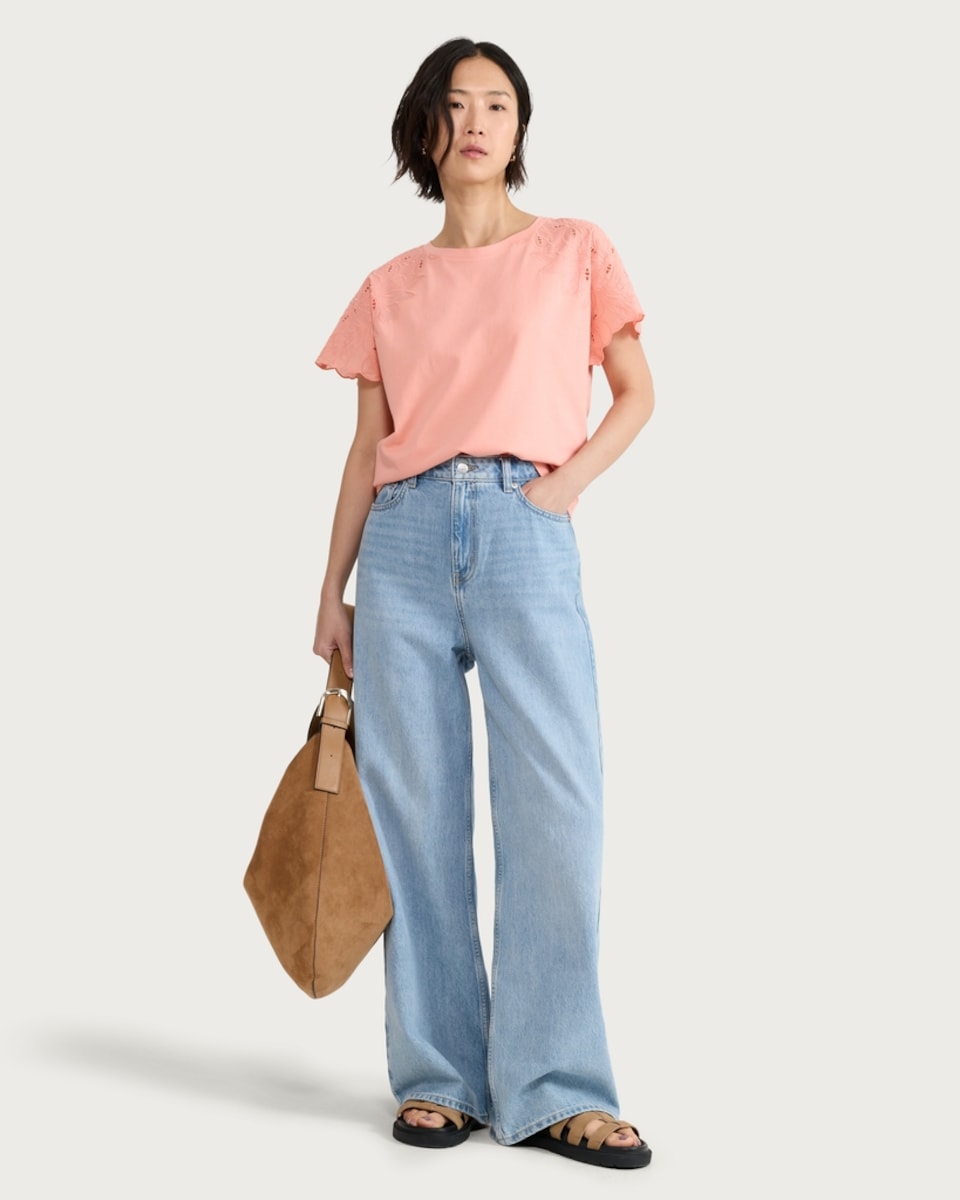 image 1 of F&F Pure Cotton Embroidered Sleeved T-Shirt in Orange