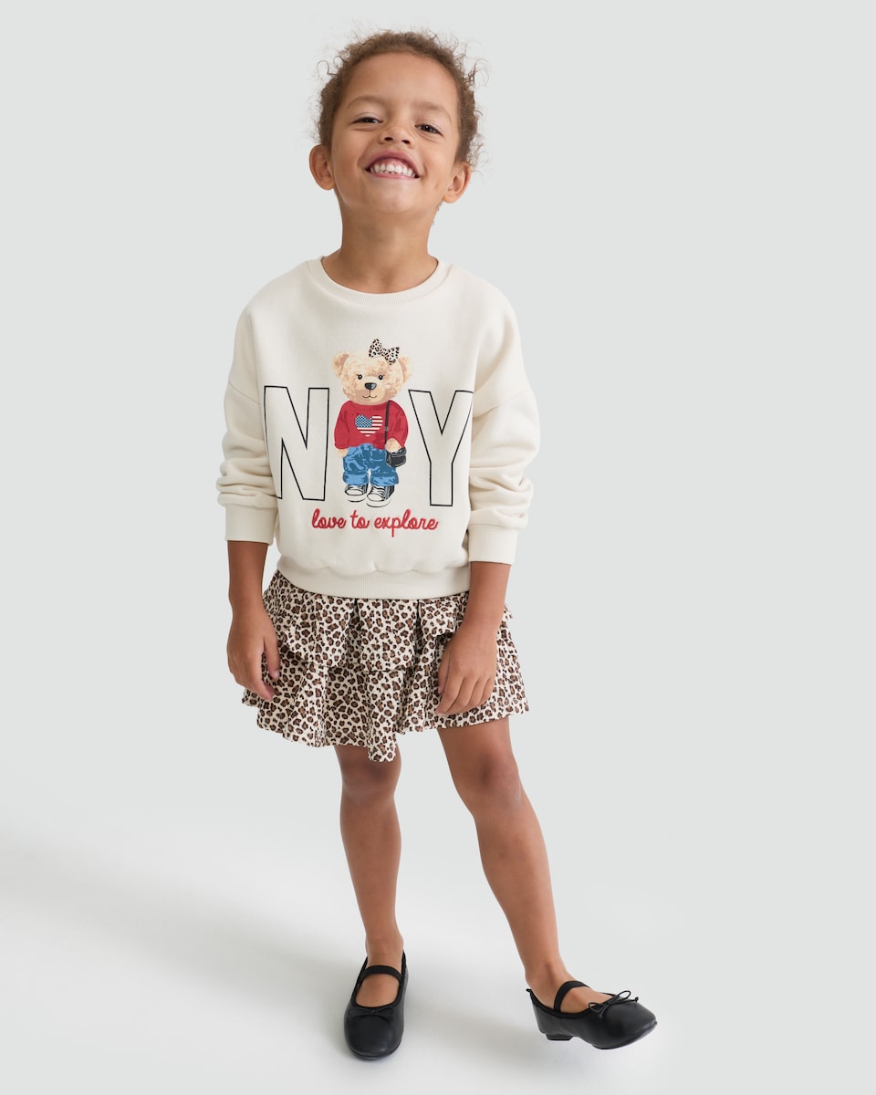 image 1 of F&F Girls 2-Piece Cotton Rich Bear Sweatshirt and Skirt Set in Multi