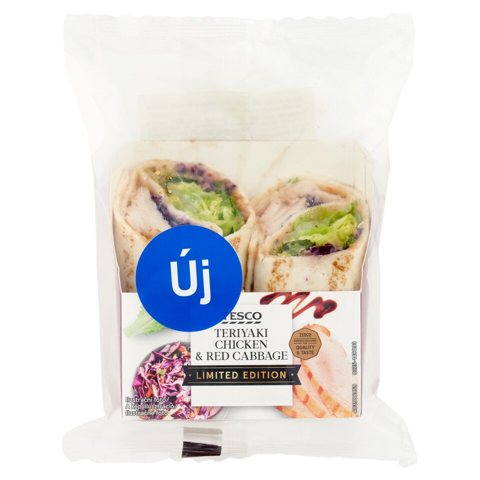 Tesco búzalisztből készült tortilla párolt csirkemellel, római salátával, teriyaki szósszal 166 g
